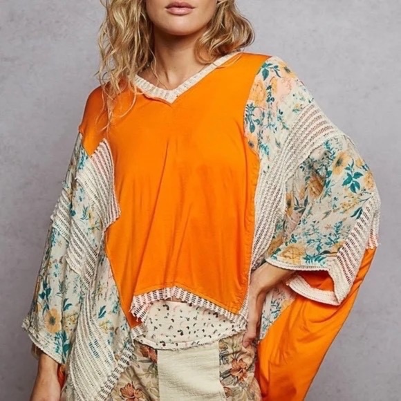 Pol Oversized High Low Shirt V Neck Top Floral Orange Oversized Floral Pullover